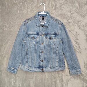 Victorias Secret Womens Medium Denim Jacket Studded Embellished Blue Jean Jacket